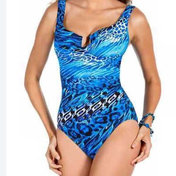 Miraclesuit Blue One Piece Swimsuit with V-Neckline and Ruched Bodice - Picture 1 of 15